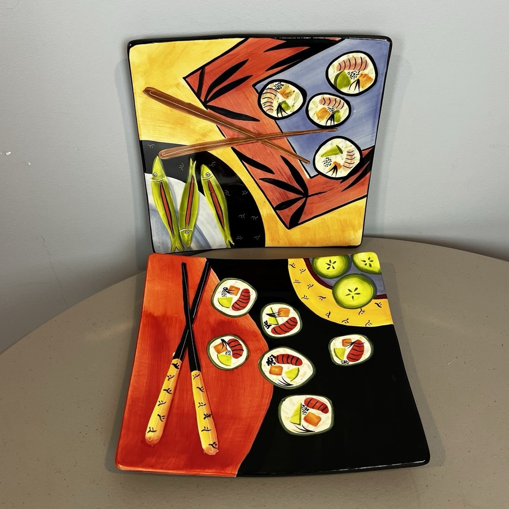 Mary Naylor Stoneware Sushi Plates Wall Hangings 9¾" Sq 2003 Handpainted